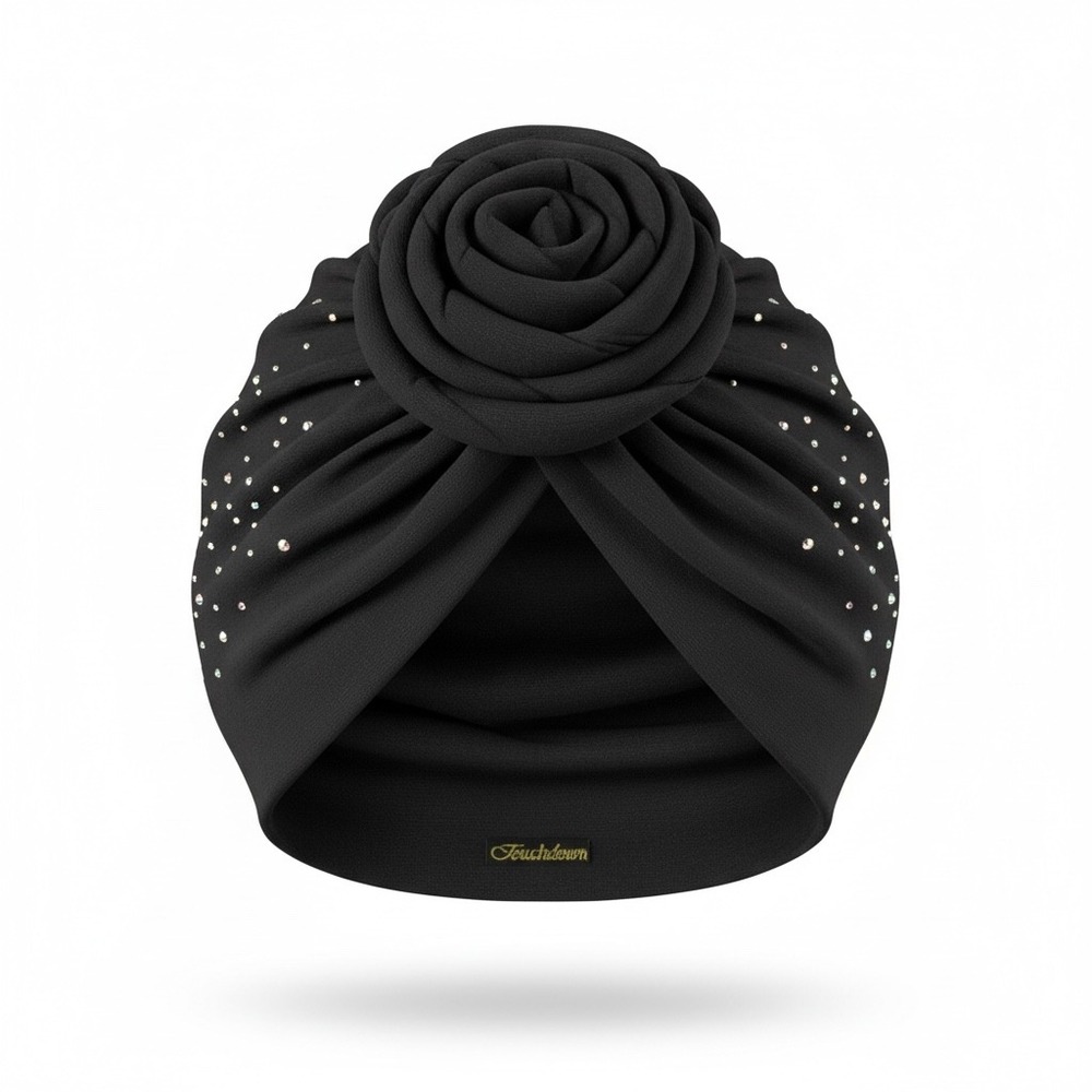 Touchdown Turban Hat Women OS Black Rhinestone Rosette Flower Head Wrap
